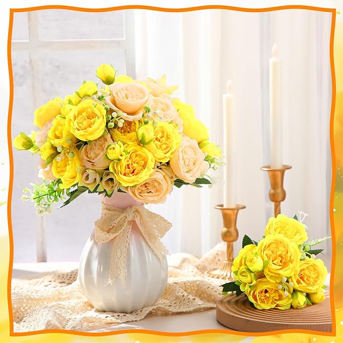 Geosar 16 Bundles Artificial Peonies Flowers Fake Silk Peony Bouquet Faux Peonies Flowers Bulk for Decoration Vase Floral Arrangements Wedding Party Table (Yellow,Champagne)