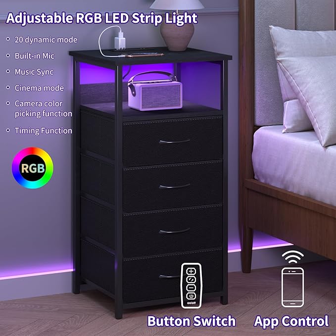 Fixwal Night Stand with Charging Station, Tall Nightstand with U-S-B Ports and Outlets, 4 Fabric Storage Drawers with PU Finish, Small Dresser Bed Side Table, Black