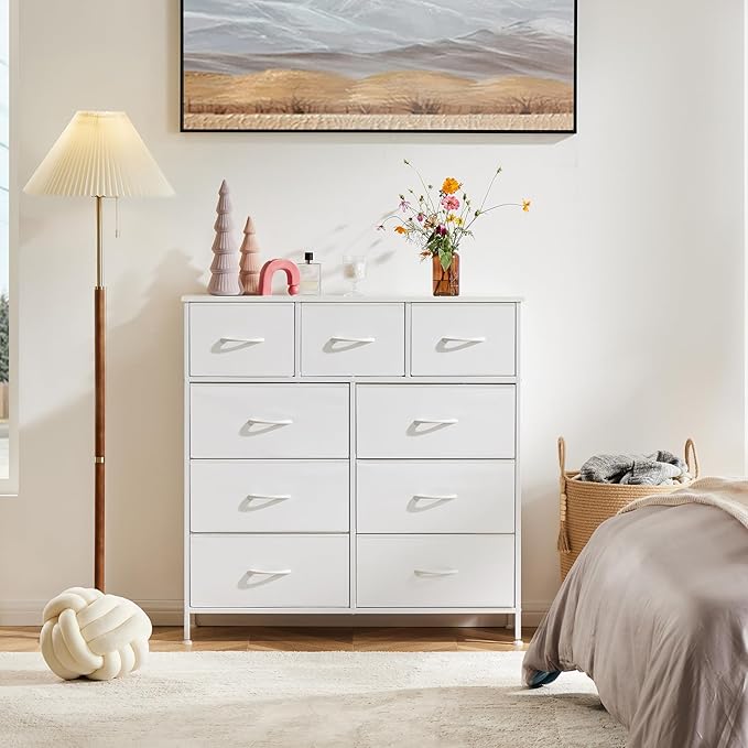 DUMOS Dresser for Bedroom, Storage Organizer with 9 Drawers, Chest of Drawers with Fabric Bins, Sturdy Metal Frame, Wood Tabletop for Guest Room, Closet, Entryway, Nursery