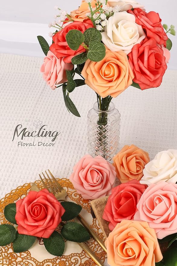 MACTING 30PCS Artificial Rose Flowers Real Touch Fake Flowers with Stem Foam Roses for DIY Wedding Bouquet Table Centerpieces Party Baby Shower Home Party Spring Mothers Day Decor(Mix Coral Series)