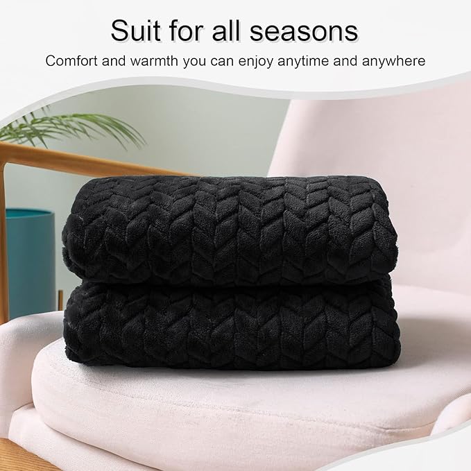 Exclusivo Mezcla Fleece Throw Blanket for Couch, 50x70 Inches Soft Cozy Jacquard Flannel Blankets, Lightweight Fuzzy Plush Warm Throws for Winter, Black