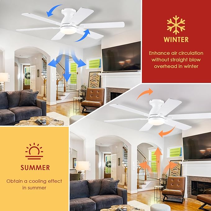 Ceiling Fans with Lights- 52" Low Profile Indoor Ceiling Fan with Light and Remote/APP Control, Flush Mount, 6 Blade, LED Dimmable DC Reversible Modern Ceiling Fan for Bedroom（White）