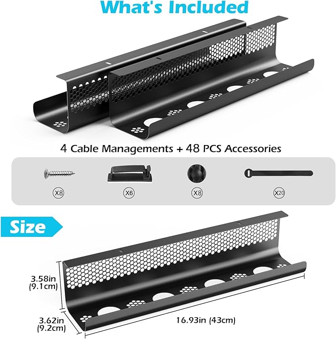 KHAMAL Cable Management Under Desk 52PCS - Cable Management Tray Kit Ventilated Hexagonal Design with Cable Clips, Wire Ties, Cord Holder & Screws for Office, Home - 4 Black Sets