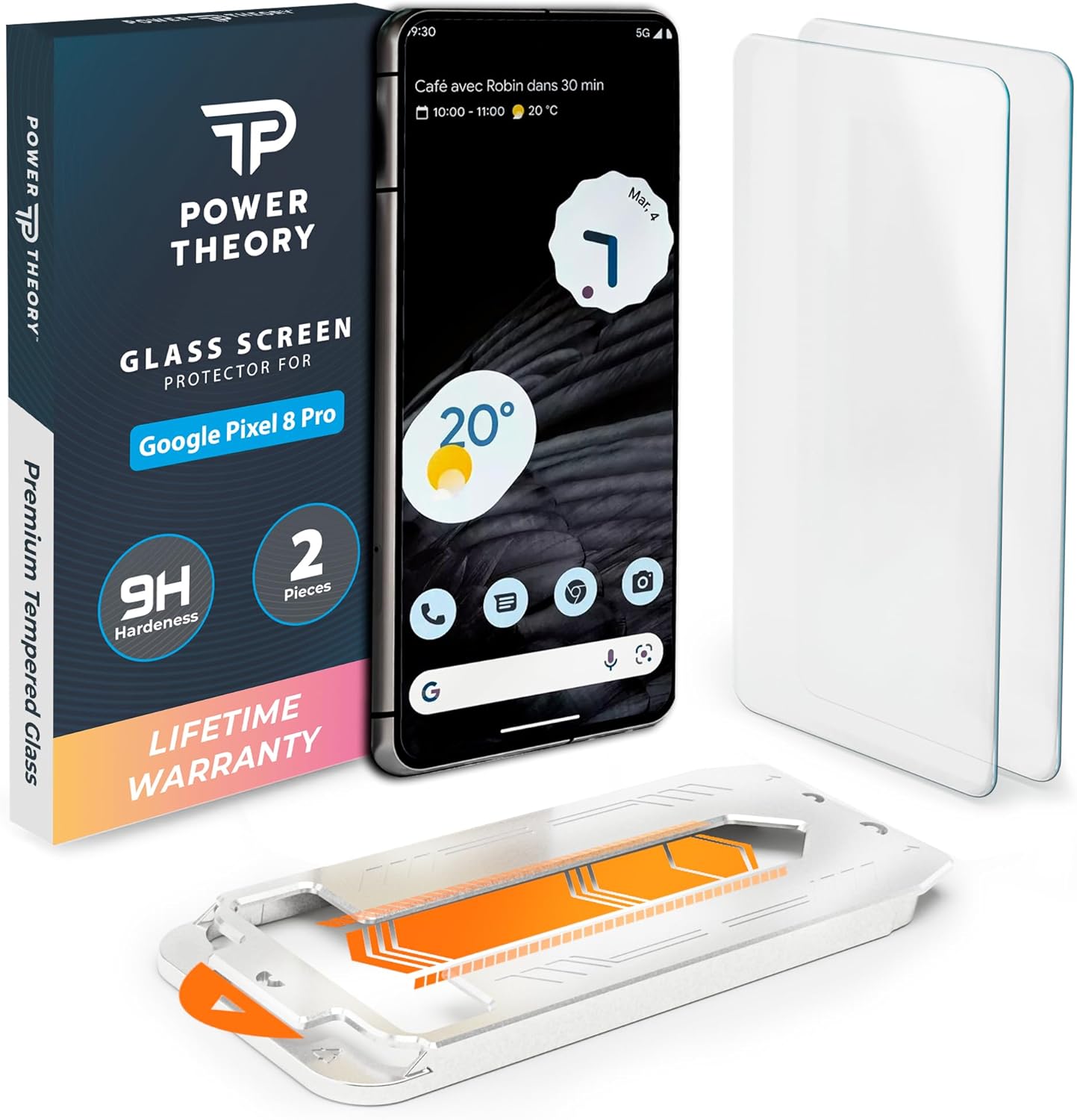 Power Theory Screen Protector for Google Pixel 8 Pro, 2 Pack Tempered Glass [Ultra 9H Hardness], Easy Install Kit,