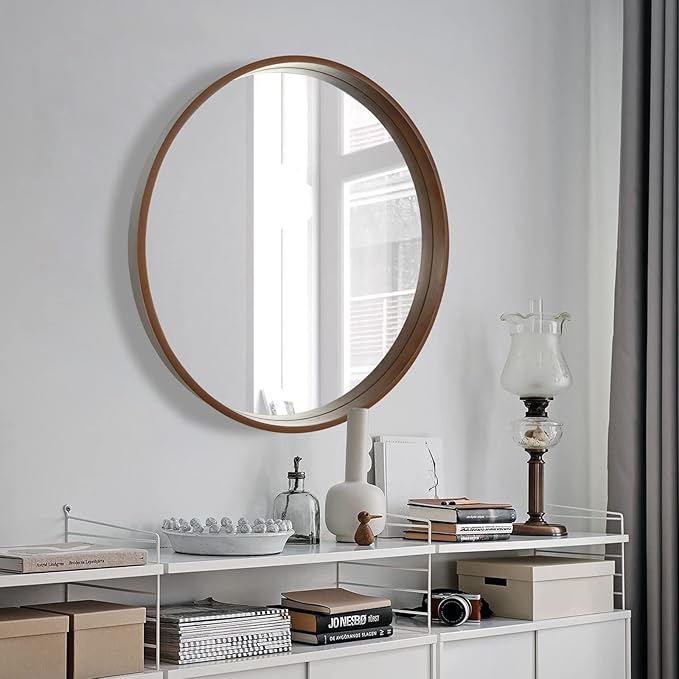 WallBeyond Circle Mirror with Wood Frame, 28" Round Modern Decoration Large Home Decor Mirror for Bathroom Living Room Bedroom Entryway (28" Diameter, Walnut)