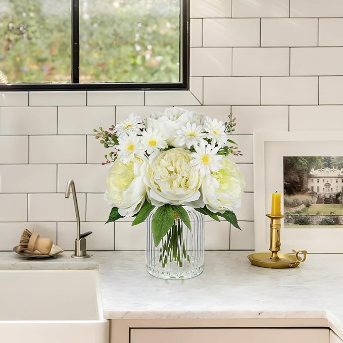 DILATATA Artificial Flowers in Vase White Silk Peony & Daisy Faux Floral Arrangements for Table Centerpieces, Home Office Kitchen Bathroom Decor, Spring Fake Flower Arrangement