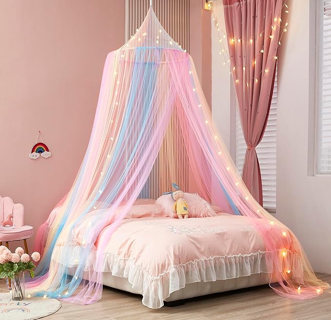Rainbow Bed Canopy with Lights - Mosquito Netting for Twin, Single, Full, Queen & King Size Beds - Decor for Girls' Rooms