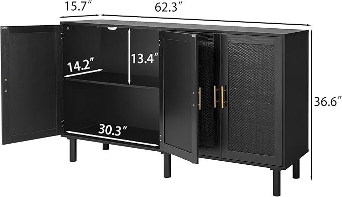 Finnhomy 4 Door Sideboard Buffet Cabinet, Kitchen Storage Buffet with Black Painted Rattan Decorated Doors, Cupboard Console Table, Boho Accent Liquor Cabinet, 62.3X 15.7X 34.6 Inches, Full Black