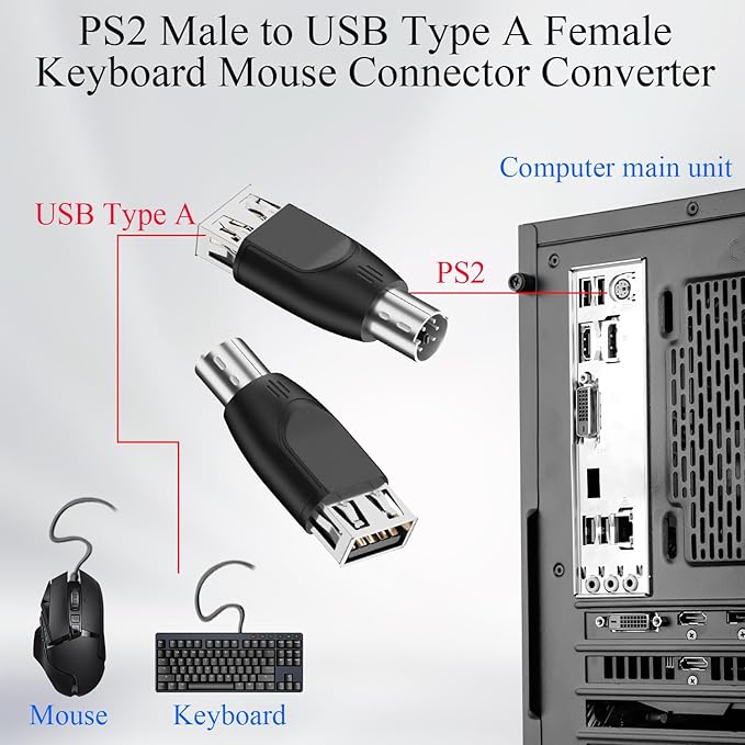 QIANRENON PS2 to USB Mouse Keyboard Converter PS/2 Male to USB A Female Adapter PS2 Plug to Type A Socket Connector, Not Support Hot Swapping, for PC Barcode Scanner, 2Pcs