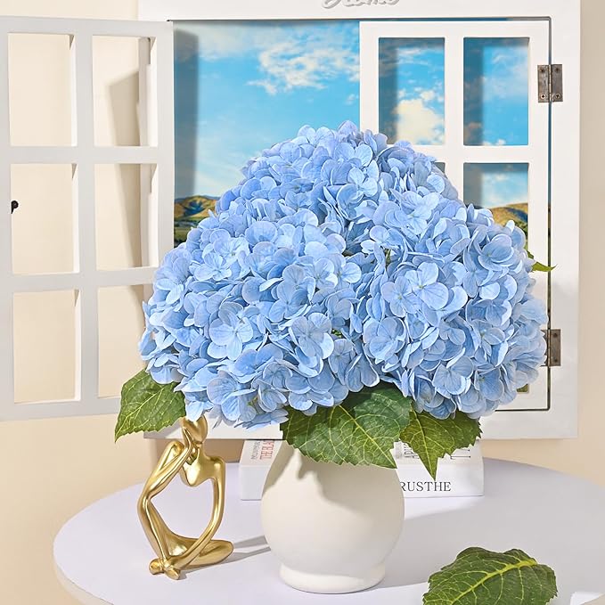 MARTINE MALL 3Pcs 21in Hydrangea Artificial Flowers, Latex Real Touch Hydrangeas Lifelike Large Hydrangea Flowers for Home Decor Party Arrangements Wedding Bouquets Centerpieces (Blue)