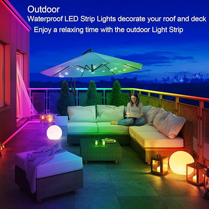 LETIANPAI 200ft Outdoor LED Strip Lights Waterproof 1 Roll,IP68 Outside Led Light Strips with App and Remote,Music Sync RGB Exterior Rope Self Adhesive Back for Deck,Balcony,Pool