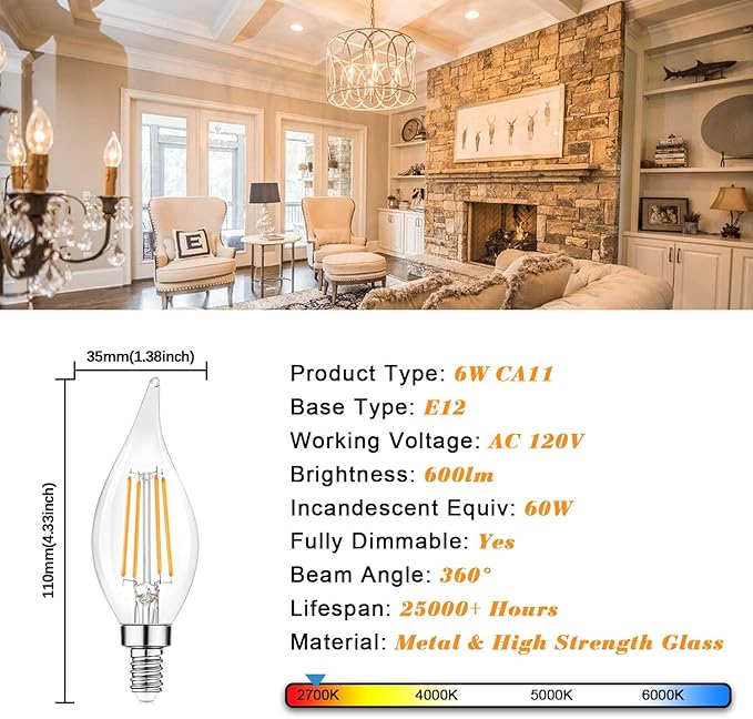 TOBUSA Dimmable E12 Candelabra LED Bulbs 60 Watt Incandescent Equivalent, 2700K Warm White, Clear LED Chandelier Light Bulbs 6W, 600lm, CA11 Vintage Ceiling Fan Light Bulbs with Flame Tip, 6-Pack