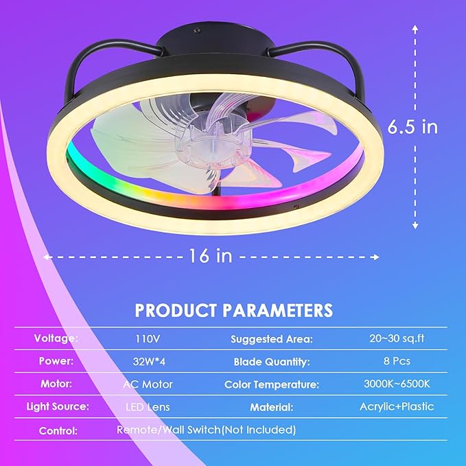 Ceiling Fans with Lights - Modern Flush Mount Ceiling Fan,16" RGB Dimmable LED Enclosed Ceiling Fans,Low Profile Bladeless LED-RGB Ambient Light for Bedroom Kids Room Party（Black）