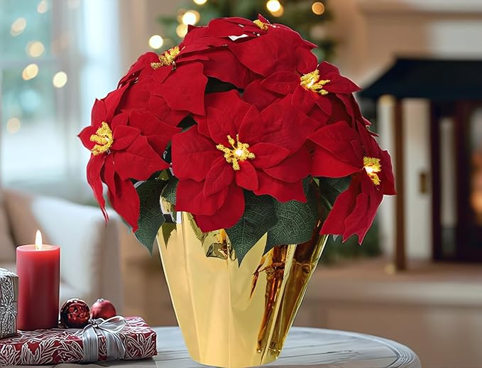 2 Pack 18" Lighted Large Artificial Poinsettias for Outdoors LED Poinsettia Flowers Artificial Faux Poinsettia Plants Poinsettia Christmas Decorations for Office Home Kitchen Decor