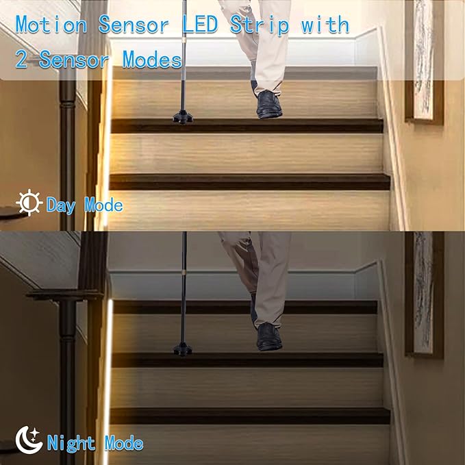 echosari Battery Operated Motion Sensor Cabinet Strip Lights, 9.8Ft 90 LED Under Cabinet Lights, Motion & Night Sensor Safe Tape Light for Stairs Wardrobe Kitchen (Warm White)