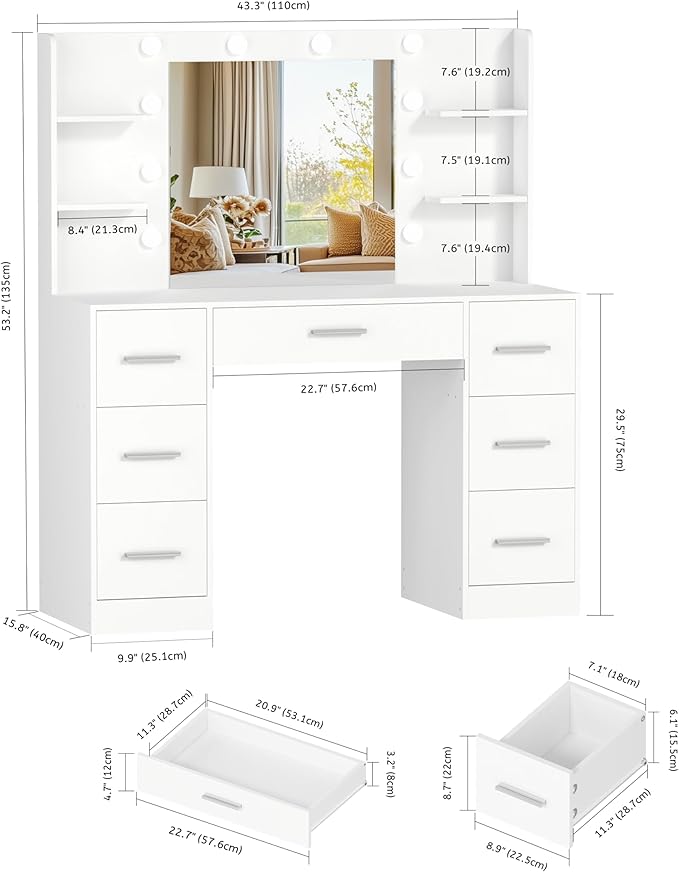 Irontar Makeup Vanity Desk with Mirror, 43.3" L Vanity Table with 10 LED Lights & 7 Metal Sliding Drawers, Brightness Adjustable & Open Shelves, for Women, Wife, White