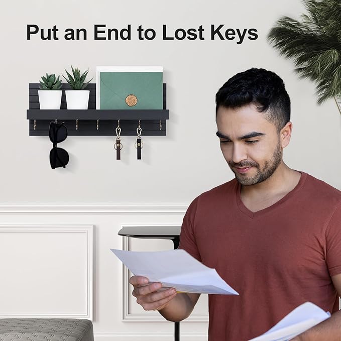 Decorative Key Holder for Wall with Shelf, Entryway Shelf with Hooks Holds Leashes, Jackets and Glasses – Sturdy Wood Keyholder Entrance Hanger with Mounting Hardware (Black, Large)