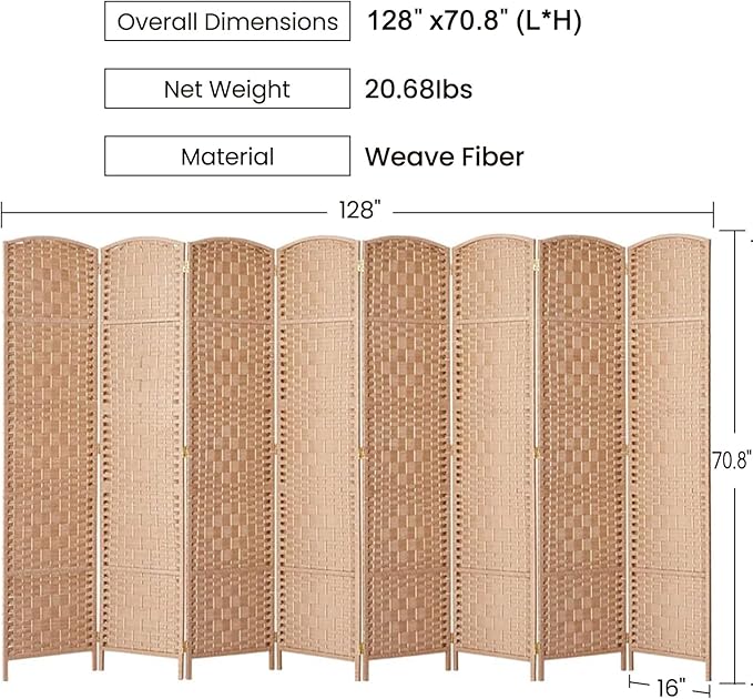 RHF 6 Ft. Tall Extra Wide-Diamond Weave Fiber Room Divider, 8 Panel Room Divider/Screen,Room Dividers and Folding Privacy Screens 8 Panel&Room Dividers and Folding Privacy Screens-Natural, 8 Panel