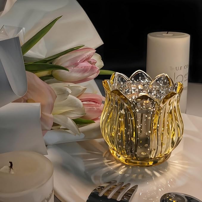 Tulip Votive Candle Holders Set of 12, Tea Light Candle Holder Glass for Table Centerpiece, Tealight Candle Holders for Wedding Déco, Birthday, Anniversary, Parties, and Holiday (Glod)