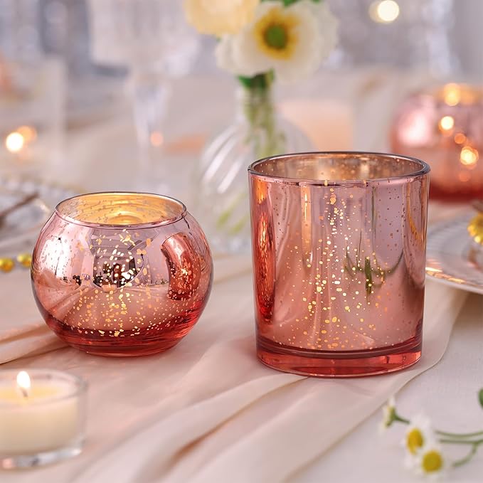 10 Pcs Assorted Rose Gold Candle Holders, Larger Size Mercury Glass Votives for Wedding, Rose Gold Birthday Decorations, Votive Candle Holders for Valentines/Bridal Shower/Sweet 16 Party Favors