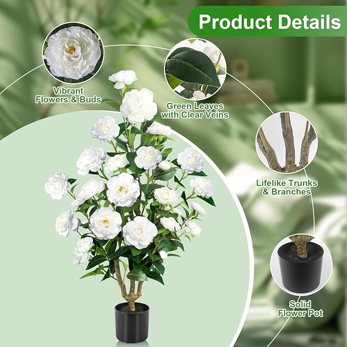 Faux Outdoor Plants 2 Pcs - 39’’ Artificial Camellia Tree Potted with White Flowers, Artificial Plants Outdoor Porch Front Door Garden Indoor Office Home Wedding Decor Housewarming Gift