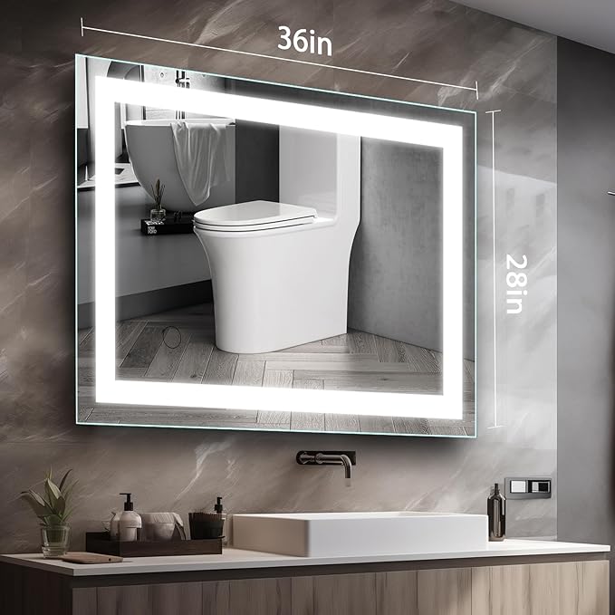 36"x28" LED Bathroom Mirror with Lights Large Wall-Mounted Vanity LED Mirror Smart Lighted Makeup Mirror Stepless Dimmable, Adjustable Brightness,Touch Screen Button,Anti-Fog,Memory Function