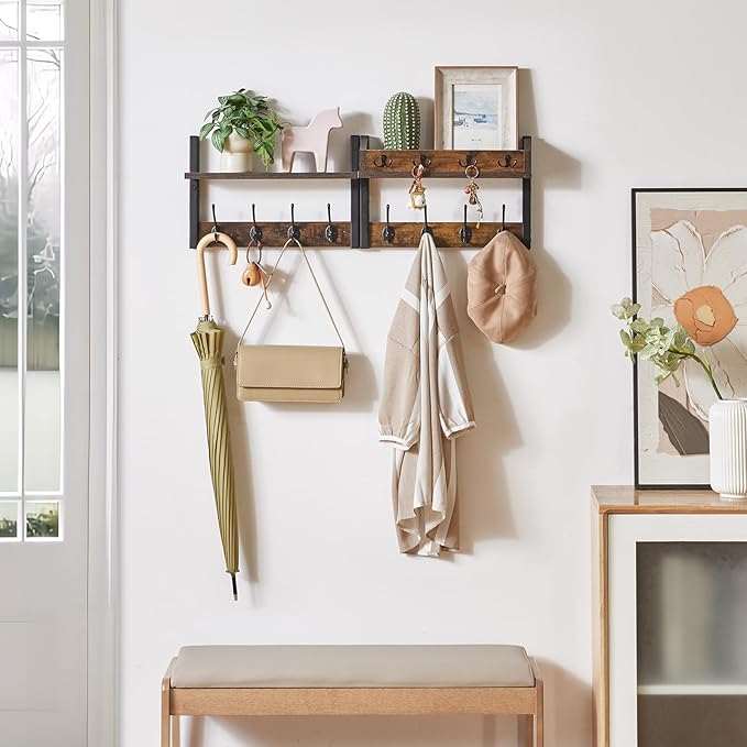YMYNY 31.5" Coat Rack Wall Mount with Shelf, 4 in 1 Key and Coat Hanger with 12 Metal Hooks, Wall Shelf with Hooks & Mail Holder for Living Room, Bedroom, Rustic Brown, HWS007H-2
