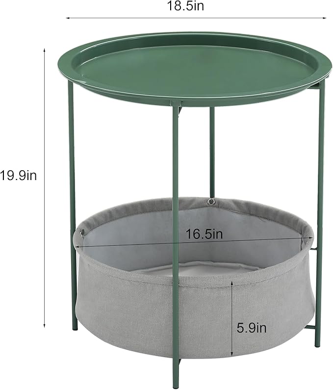 VECELO Round Side/End Table with Fabric Storage Basket，Metal Anti-Rust and Waterproof Small Bedside Nightstand with Removable Tray Top for Living Room，Balcony & Laundry，Dark Green /2pcs with Basket