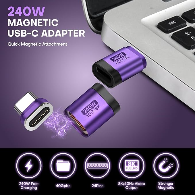 USB C Magnetic Adapter 2 Pack Straight Adapter USB 4.0 24 PIN 40Gbps PD 240W Phone OTG Detachable & Extender 8K 60Hz Video for iPhone17/16/15, Thunderbolt 3/4, MacBook, PS5 PSVR2(Purple)