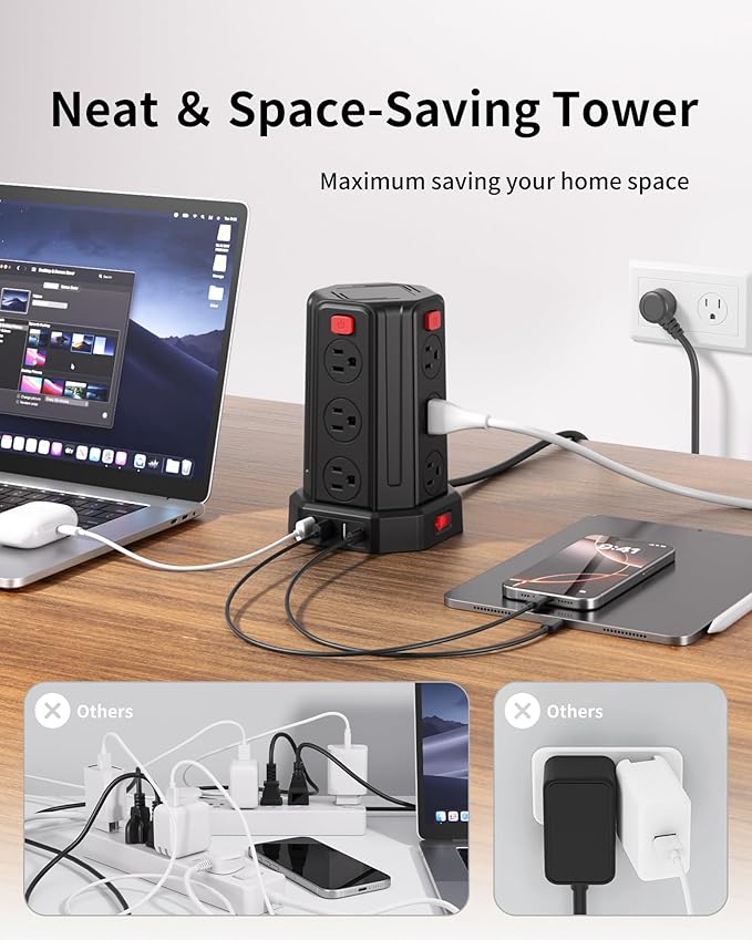 Power Strip Surge Protector, 6.5 Ft Extension Cord with 12 AC Multiple Outlets 4 USB (1 USB C), SMALLRT Power Tower Desktop Charging Station (Black, 6.5 Ft)