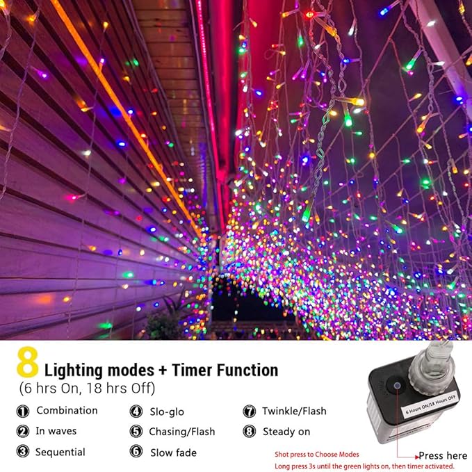 Toodour Christmas Icicle Lights Outdoor, 1224 LED 100ft 8 Modes Fairy Icicle String Light with 204 Drops, Led Christmas Lights Twinkle for Holiday, Party, Wedding, Eaves, Xmas Decorations (Multicolor)