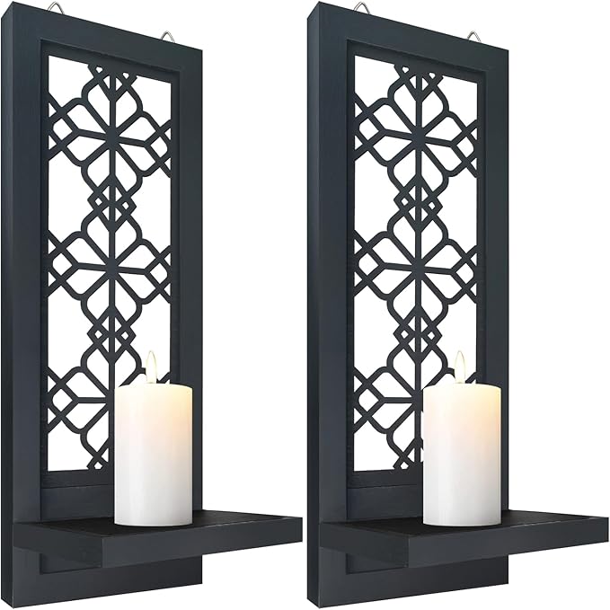 Set of 2 Candle Sconces, Farmhouse Accent Wall Sconce, Black Candle Holder Wall Decorations for Home Décor, Living Room, Dining Room.(15 x6 in)