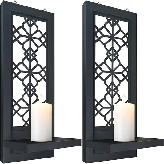 Set of 2 Candle Sconces, Farmhouse Accent Wall Sconce, Black Candle Holder Wall Decorations for Home Décor, Living Room, Dining Room.(15 x6 in)
