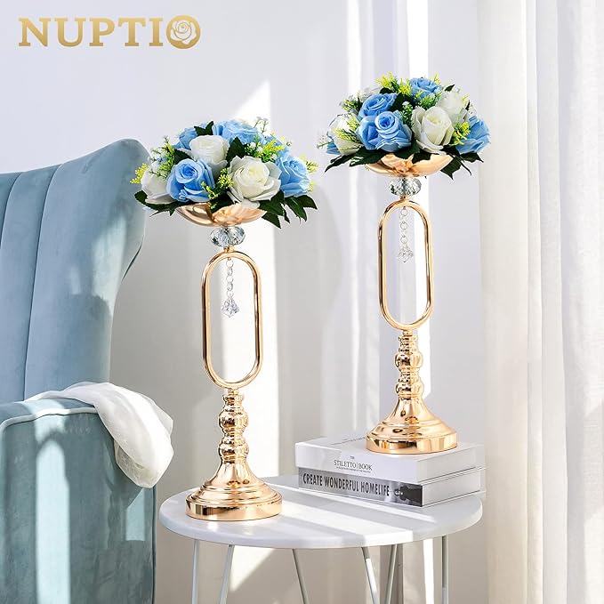 NUPTIO Pcs of 2 Fake Flower Ball Arrangement Bouquet,15 Heads Plastic Roses with Base, Suitable for Our Store's Wedding Centerpiece Flower Rack for Parties Valentine's Day Home Décor (Blue & White)