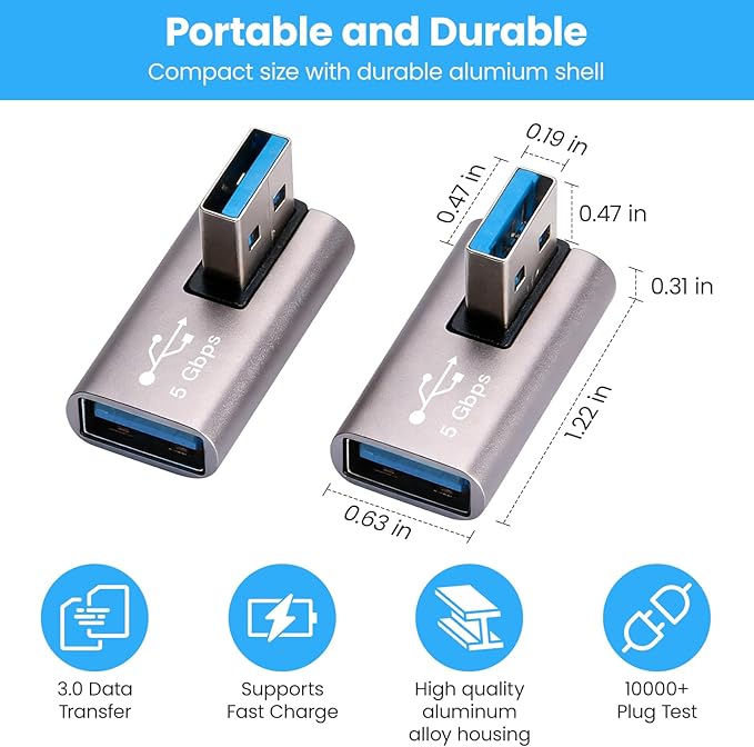 Right Angle USB Adapter 4-Pack OTG 90 Degree USB 3.0 Male to Female Connector (Left & Right, Up & Down), Support Charge and Data Sync (5GBps) for PC, Laptpo, Mouse, Keyboard and More