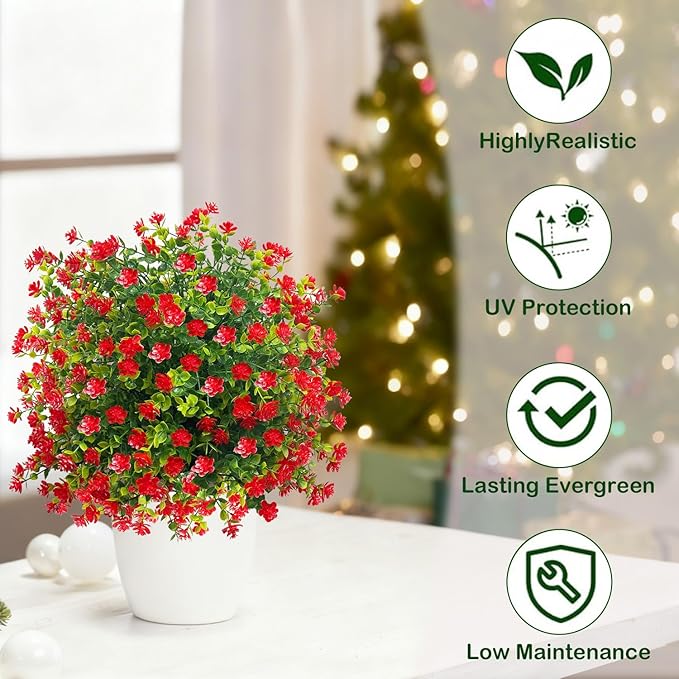 Set of 2 Artificial Topiary Boxwood Rose Ball Christmas Trees with Ground Spike,23" UV Resistant Outdoor Xmas Decor Faux Greenery Shrubs with Flowers, Fake Plants Bush for Garden, Yard, Porch