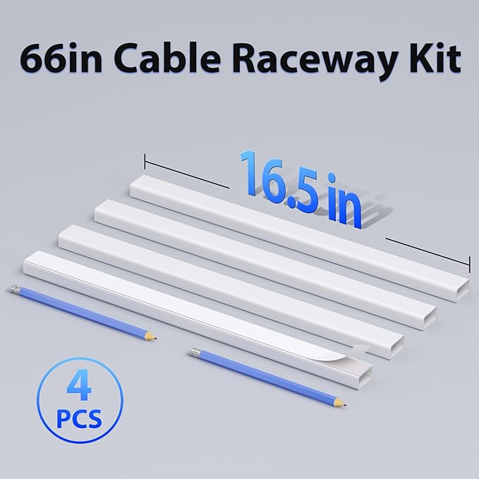 ZhiYo Large Wire Hiders for TV on Wall for 3-4 Cords - 66in (4xL16.5in) PVC Cable Cover Kit with Pre-Applied Adhesive Tape, Ideal for Wall Mounted TVs Home Office, W1.2in x H0.7in White