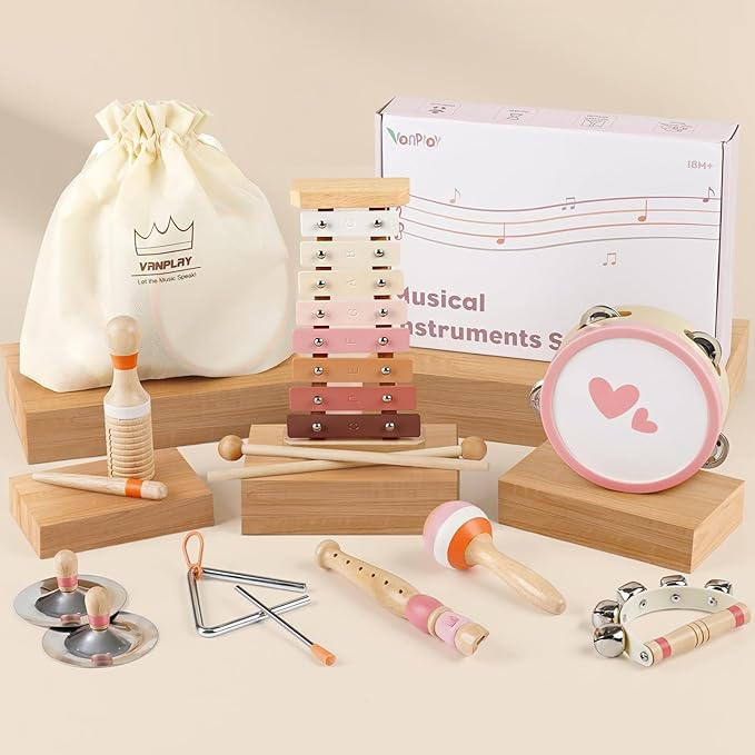 Vanplay Musical Toy for Toddlers 1-3, One 1st Birthday Gifts for Girl 1-2, Wooden Montessori Toy for 2 3 Year Old, Musical Instruments with Xylophone/Drum for Baby Preschool Educational 18+ Months
