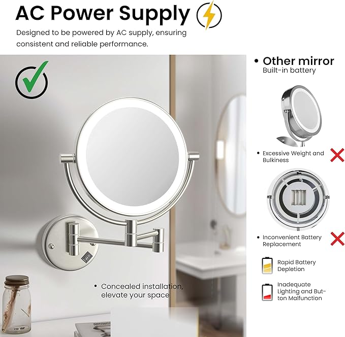 KIBI Circular Wall Mount Makeup Mirror with LED Lights, Dual-Sided 1x/5x Magnifying Mirror with Adjustable Arm, 360° Swivel, Solid Brass Construction for Durability and Style (Brushed Nickel, KMM101)