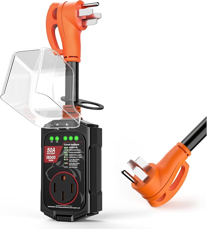 Vehiker 𝟏𝟖𝟎𝟎𝟎 𝐉𝐨𝐮𝐥𝐞𝐬-RV Surge Protector 50 Amp, RV Power Surge Voltage Protection, RV Adapter Plug for Camper, Circuit Analyzer for Travel Trailers with Waterpoof Cover(Orange)