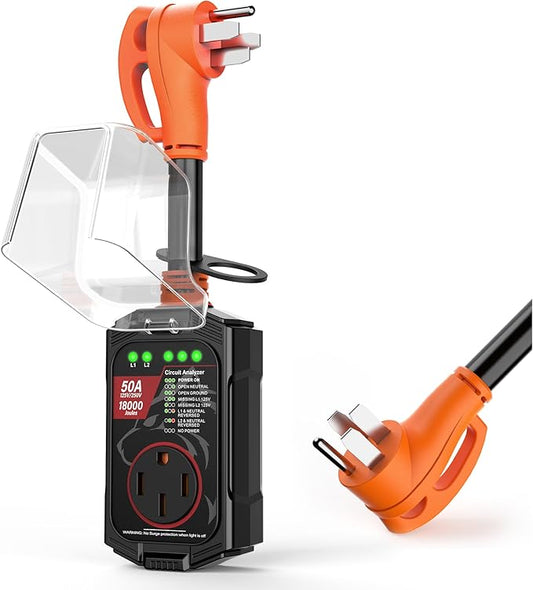 Vehiker 𝟏𝟖𝟎𝟎𝟎 𝐉𝐨𝐮𝐥𝐞𝐬-RV Surge Protector 50 Amp, RV Power Surge Voltage Protection, RV Adapter Plug for Camper, Circuit Analyzer for Travel Trailers with Waterpoof Cover(Orange)