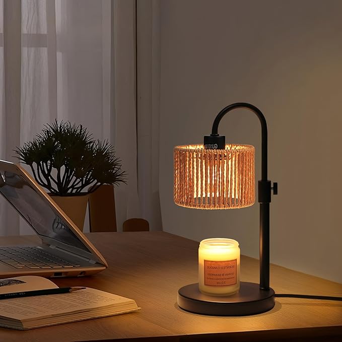 Boho Candle Warmer Lamp, Adjustable Height Candle Wax Warmer with Timer, Candle Lamp for Jar Candles, House Warming Gifts Brithday Gifts for Women Bedroom Home Decor (Rattan)