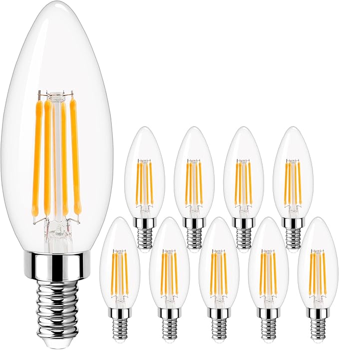 Dimmable Candelabra LED Light Bulb 40W Equivalent, E12 Chandelier Light Bulbs Warm White 3000K , 400LM, CRI 85+, B11 Type B Ceiling Fan Bulb 4W, Clear Filament Candle Light Bulbs Small Base, 10 Pack