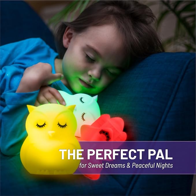 Lumipets Animal Kids Night Light, Junior Owl, Soft and Safe Silicone Rubber Lamp, Soothing Colors, Portable, Easy Control