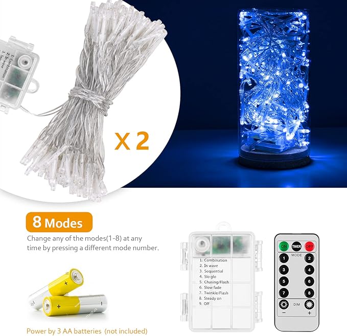 Battery Operated String Lights with Remote Timer - Waterproof, 8 Modes, Indoor/Outdoor Decorations (Blue, 16.4ft)