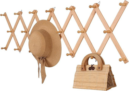 Wall Rack with 20 Hooks, Wooden Wall Expandable Coat Rack for Coat, Hats, Baseball Caps, Coffee Mug, Jewelry(Natural)