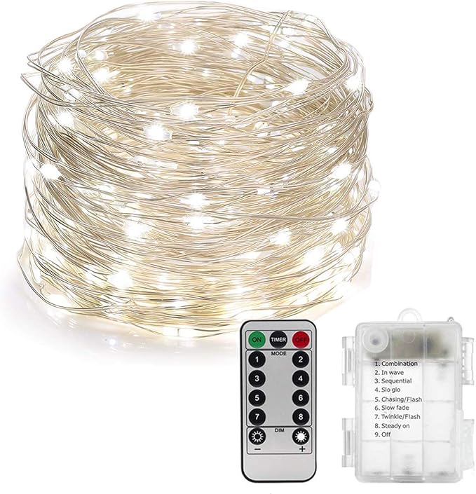 String Lights,LED Copper Wire Lights, Each Set 33ft/10M 100LEDs and 4 Remote Control.AA Battery Powered,Decor Rope Lights for Holiday,Wedding, Parties.(White)