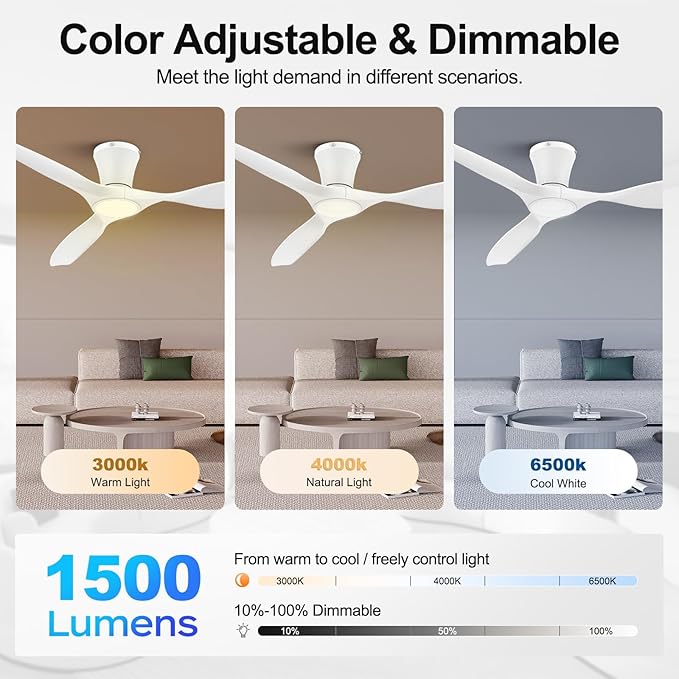 ocioc 52 inch Ceiling Fans with Lights and Remote, Dimmable Ceiling Fans with Reversible Quiet DC Motor, Flush Mount, 3CCT, White Ceiling Fan for Bedroom Living Room Indoor/Outdoor