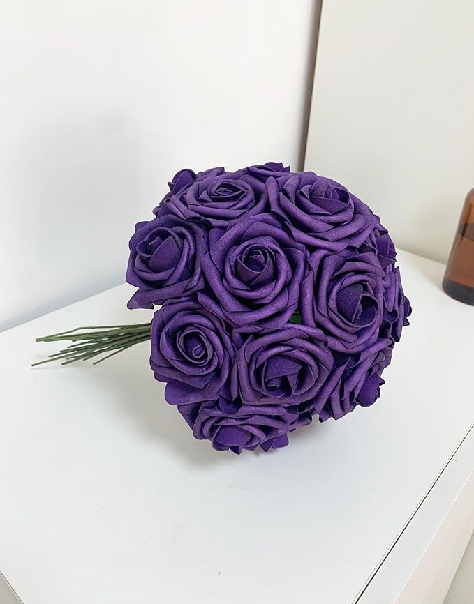 Dark Purple Artificial Roses 50 PCS Flowers with Stem, Fake Rose Heads Bouquets for DIY Wedding Decorations Centerpieces Arrangements Party Home Garden Porch Window Decor