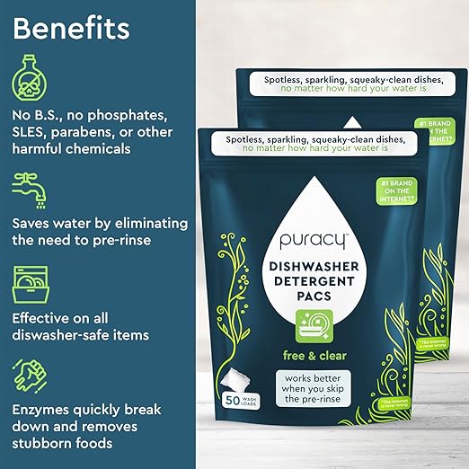 Puracy Dishwasher Pods, Natural Dishwasher Detergent, Free & Clear Dish tabs - Enzyme-Powered, Spot & Residue Free - TikTok Trend Items, Must Haves from TikTok Made Me Buy It (Free & Clear, 100 Count)